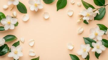 A beautiful flat lay of fragrant jasmine flowers with lush green leaves on a soft beige backdrop creates a serene and elegantly captivating atmosphere that resonates with the viewers senses photo