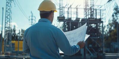 An electrical engineer meticulously examines intricate blueprints while simultaneously overseeing the operations at a power plant, ensuring the efficient execution of all ongoing projects and tasks photo