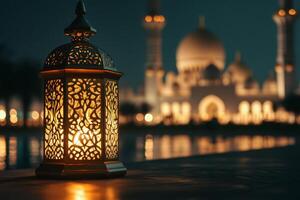 A beautifully designed lantern shines at night, illuminating intricate patterns and stunning designs, while a mosque stands proudly in the background, symbolizing peace, serenity, and spiritual depth photo