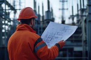 An experienced electrical engineer inspects blueprints at a power plant, ensuring precise design implementation and strict compliance with safety standards for all electrical systems photo
