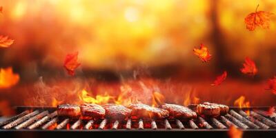 Host a delightful autumn barbecue with a variety of grilled meats, surrounded by vibrant leaves, creating memorable gatherings in the cozy atmosphere of this enchanting fall season photo