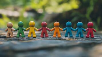 A vibrant and lively display of colorful figures joyfully holding hands together, symbolizing the essence of teamwork, collaboration, and inclusivity found within a diverse and dynamic community photo