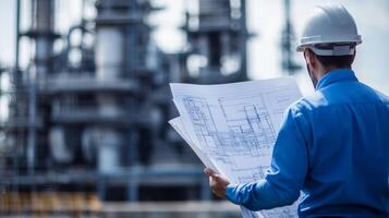An engineer inspects blueprints at a construction site with industrial structures in the background. photo
