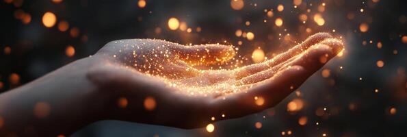 A delicate hand gently cradles a mesmerizing collection of sparkling dust and radiant light, evoking a profoundly deep sense of wonder and enchanting beauty within a mystically alluring ambiance photo