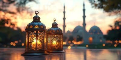 A stunningly beautiful scene that showcases traditional lanterns illuminated against the magnificent backdrop of a mosque, symbolizing the pure joy and abundant blessings associated with Ramadan photo