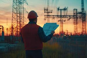 As the sun sets, an electrical engineer inspects blueprints at a power plant, surrounded by impressive structures that highlight technology and innovation in the evolving energy industry photo