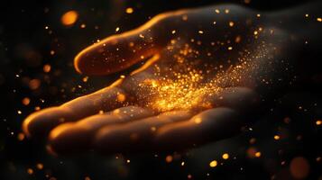 A hand extends gracefully through the air, surrounded by shimmering magical light and sparkling dust, evoking a profound sense of wonder and enchantment that captivates the imagination photo