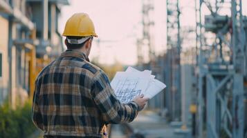 An experienced electrical engineer is reviewing vital blueprints at a power plant, focusing on key construction and design elements essential for developing energy sector infrastructure photo
