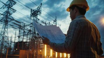 An electrical engineer reviews blueprints at a power plant, highlighting the importance of planning in energy production and efficient electricity distribution for operation and sustainability photo