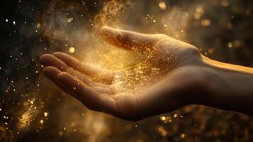A mesmerizing image of a hand surrounded by sparkling magical light and golden dust, symbolizing enchantment and mysticism photo