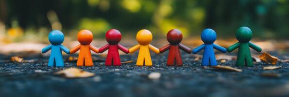 A colorful row of vibrant and diverse figurines symbolizes the essential values of teamwork, friendship, and the deep connection we share as a community, actively fostering a sense of unity among us photo