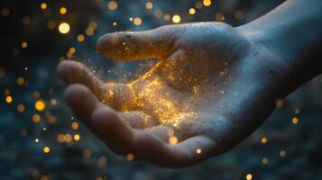 A mesmerizing hand gently cradles a magical light while sparkling dust dances around, evoking a profound sense of wonder and enchantment within a beautifully mystical atmosphere filled with charm photo