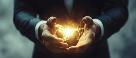 A businessman confidently holds a glowing bolt of electricity in his hands, representing power, innovation, and the immense potential within a fastpaced dynamic environment filled with opportunities photo