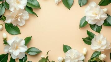 An elegant flat lay composition featuring delicate jasmine flowers beautifully arranged alongside lush green leaves set against a soft beige backdrop, an ideal choice for captivating botanical themes photo