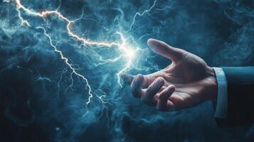 A confident businessman stands boldly with a lightning bolt, symbolizing the immense power, innovation, and dynamic energy that define modern business practices and strategies for success photo