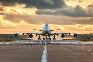 A stunning cargo aircraft, poised and ready for takeoff against the backdrop of a vibrant sunset, symbolizes the immense vastness and complexity of global logistics as well as air transport photo