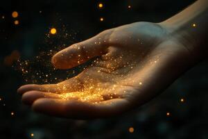 This stunning image captures a delicate hand radiating enchanting light and scattering sparkling dust, evoking a deep sense of wonder, awe, and mystery that captivates the viewers imagination photo