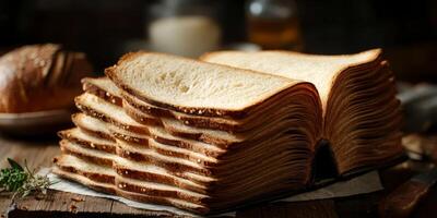 This artistic creation features a unique book made entirely out of slices of bread, skillfully blending the culinary art with profound religious themes, all set within a cozy kitchen environment photo