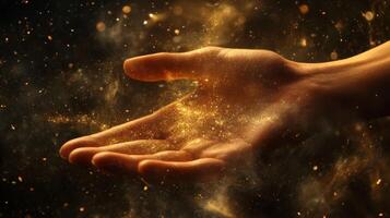 A delicate hand emerges gracefully from a mesmerizing backdrop of shimmering cosmic dust, embodying the essence of magic and wonder in a beautiful, celestial scene that inspires awe and admiration photo