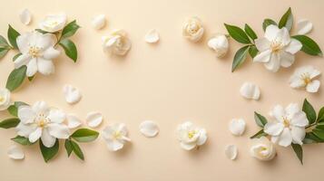 un hermosamente arreglado plano laico de jazmín flores y lozano verde hojas en un calmante beige fondo, creando un tranquilo atmósfera ideal para relajación y un genuino sentido de paz foto