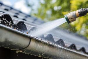 This image captures water powerfully spraying from a hose onto a roof gutter, framed by vibrant lush greenery, highlighting the importance of maintenance and cleanliness in an outdoor setting photo