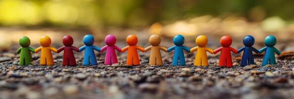 A vibrant and colorful line of diverse figures joyfully holding hands, representing important themes of teamwork, friendship, and unity within the community in an engaging and playful manner photo
