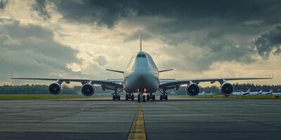 A stunning and impressive cargo aircraft, fully prepared and poised for takeoff on a runway, beautifully reflecting the essence of the aviation industry and the complexities of global logistics photo