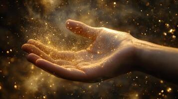 A mystical hand emits a mesmerizing array of sparkling light and fine dust, showcasing magic and wonder in a breathtaking display that captivates the senses with beauty and energy photo