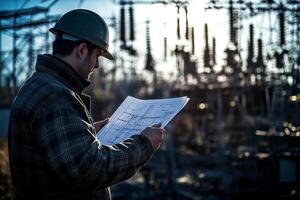 An experienced electrical engineer is reviewing blueprints at a modern power plant, ensuring regulatory compliance and enhancing operational efficiency in a complex industrial environment photo