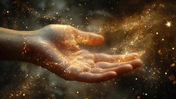 A mesmerizing and captivating image of a hand joyfully extended outward, surrounded by enchanting light and glittering cosmic dust, beautifully evoking a profound sense of wonder and pure magic photo