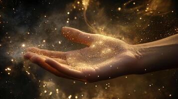 A mesmerizing image depicts a delicate hand surrounded by a warm glow and enchanting stardust, evoking wonder and highlighting the mystique of the vast universe beyond our understanding photo