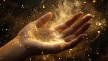 From an enchanting and mystical realm, a mysterious hand emerges, surrounded by shimmering particles of dust and an ethereal light, sparking feelings of magic, wonder, and awe in those who behold it photo