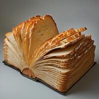 This creative book, featuring beautifully designed bread slices, symbolizes the deep connection between nourishment and knowledge, showcased in an extraordinary culinary kitchen display photo