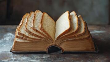 This is a creative representation of a book made from slices of bread, blending surrealism with culinary art, showcasing the fusion of literature and food that captivates the senses photo