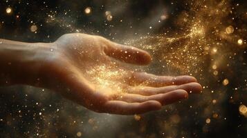 A captivating image shows a delicate hand in a realm of shimmering light and cosmic stardust, evoking feelings of wonder, magic, and breathtaking beauty that transcend imagination photo