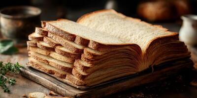 This imaginative artwork depicts a surreal book made from bread, blending culinary creativity with biblical themes in a rustic kitchen filled with aromas of baked goods and a warm, inviting feeling photo