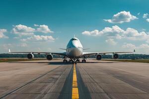 A breathtaking and stunning view of a large cargo aircraft strategically positioned on the runway, showcasing the crucial role of the aviation industry in global logistics and transportation networks photo
