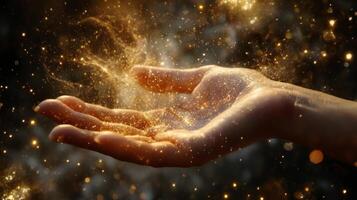 A truly mesmerizing hand gracefully extends outward, enveloped in a captivating light and shimmering, sparkling dust, effectively evoking an overwhelming sense of magic and aweinspiring wonder photo