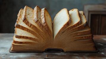 This imaginative artwork features an open book filled with various bread slices, blending food and literature to create an inspiring kitchen atmosphere for exploring new ideas in baking and art photo