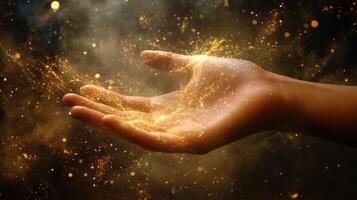 An enchanting image of a hand radiating magical light and sparkling dust against a stunning cosmic backdrop evokes wonder and captures the viewers imagination in an unforgettable way photo