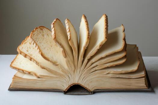 An artistic display features an open book made of bread slices, merging culinary art with surrealism, symbolizing nourishment and scripture, inviting viewers to explore creativity and food photo