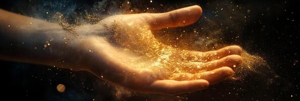 A captivating and mesmerizing image showcases a hand, gracefully enveloped in a shimmering magical light and sparkling dust, provoking deep feelings of enchantment, intrigue, and wonder photo