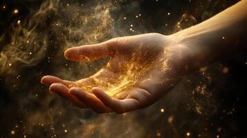 The image is truly captivating, featuring a hand that is enveloped in a stunning array of sparkling magical light and shimmering dust, evoking an incredible sense of wonder, beauty, and mystique photo
