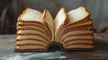 An imaginative and creative representation of a book constructed entirely from slices of bread, vividly reflecting deeper themes of life, spirituality, scripture, and surreal kitchen artistry photo