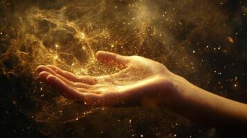 An ethereal hand, exquisitely illuminated by shimmering light and surrounded by enchanting cosmic dust, invokes a captivating sense of mystery and magic that hangs beautifully in the air photo