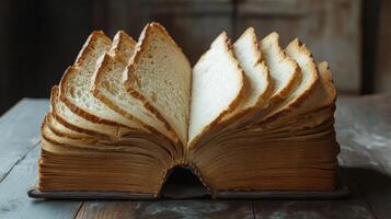 An imaginative artwork of an open book made of bread slices blends culinary art with spirituality, offering a surreal look at food and sacred scriptures, inviting deeper contemplation photo