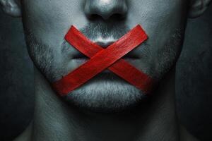This powerful artwork illustrates the limits on free speech, depicting a mans mouth bound with bright red tape, symbolizing the constraints on genuine expression faced in society today photo