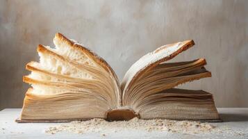 An imaginative scene presents an open book made of fresh bread slices, blending culinary art and surrealism. Flour and kitchen tools enhance its charm, inviting viewers into a creative world photo