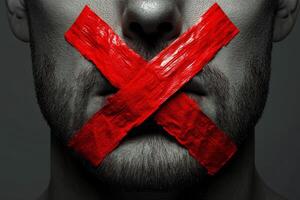 This powerful image depicts vibrant red tape tightly binding a mans mouth, symbolizing the alarming and urgent suppression of free speech and open communication that we witness in todays society photo