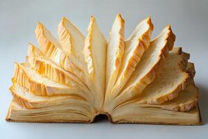 This extraordinary artwork features a sculpted open book made from baked bread slices, blending culinary art with profound religious themes and rich symbolism for deep interpretation and reflection photo